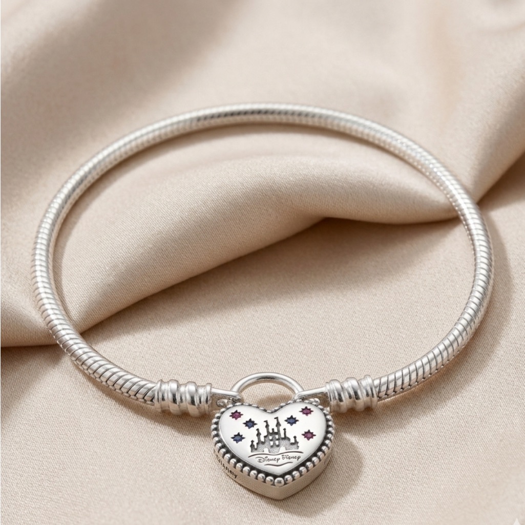 Disney Silver Heart Bracelet With Castle Heart Charm And Star Accents